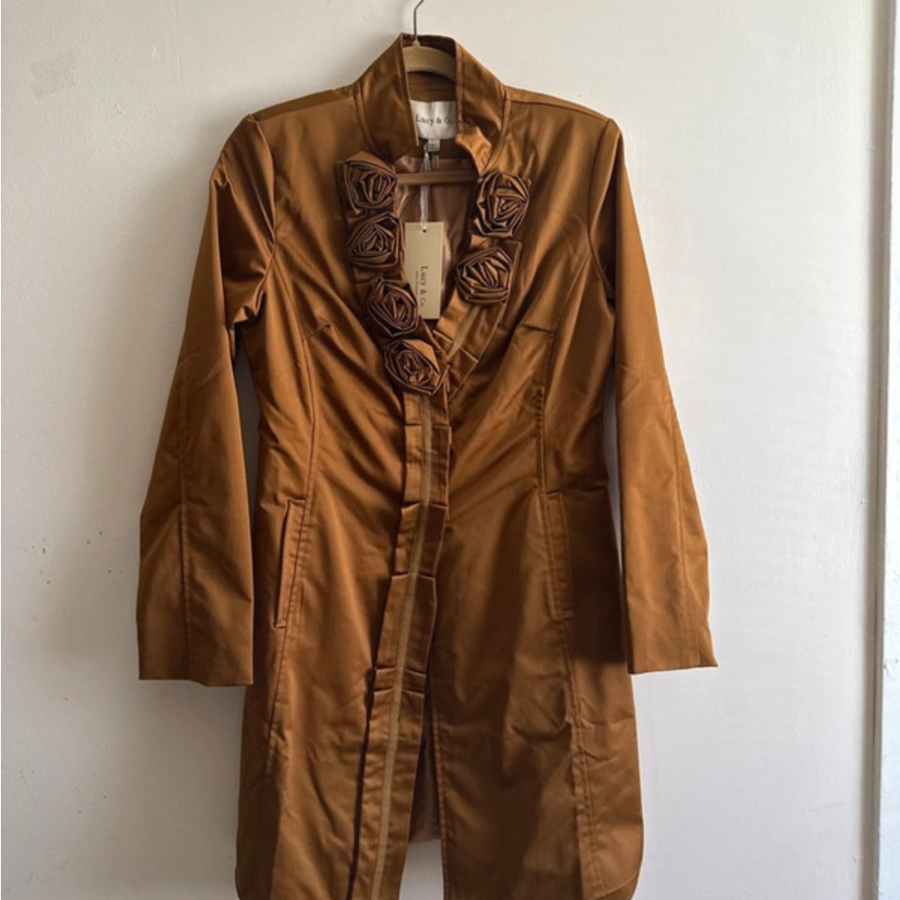 Lucy Paris Tan Trench Coat with Floral Accents